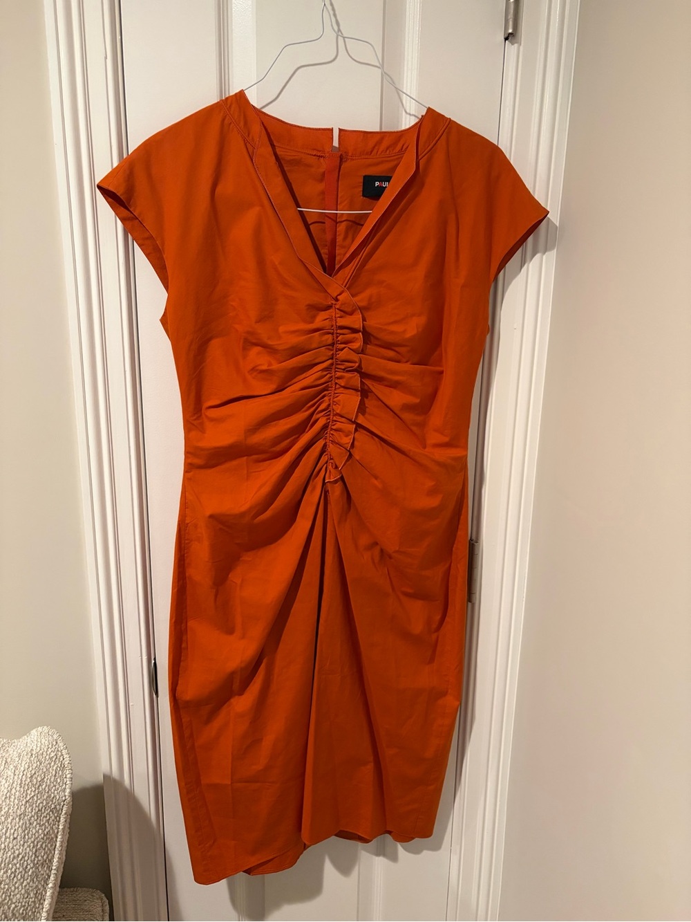 PAULE KA Orange Ruched V-Neck Midi Dress